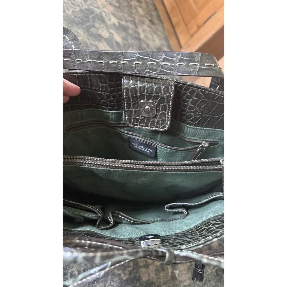 Liz Claiborne Vintage Dark Green Faux Croc Leather Tote Purse Sage Green Lining